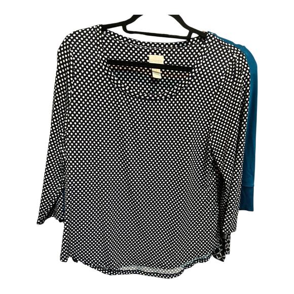 Chico’s Women’s 1 Navy Scoop Neck Cream Polka Dot 3/4 Sleeve Loose Tunic Top - Picture 1 of 10